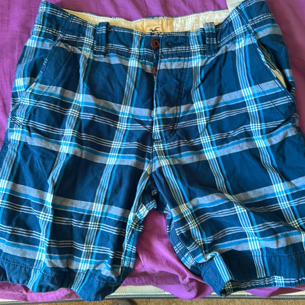 Hollister 100% Cotton Long Blue Plaid Button fly shorts preppy Y2K distressed